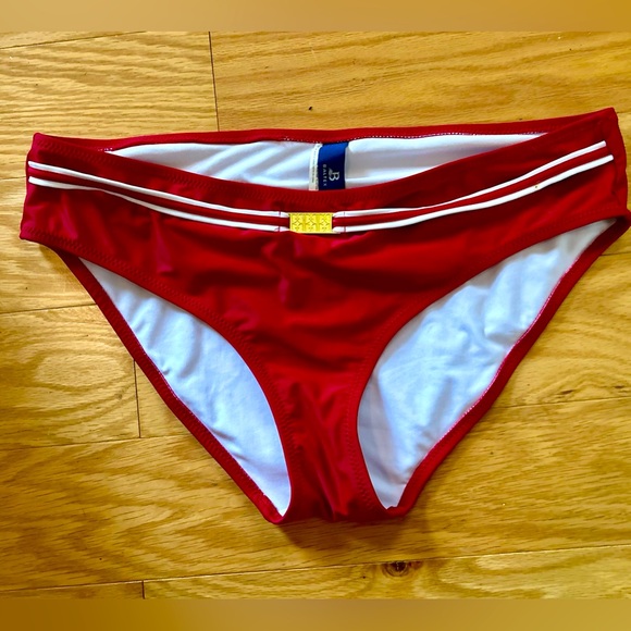 Baltex Bikini Bottoms Red w red & white striped belt Gold Emblem Size 14 - Picture 2 of 10
